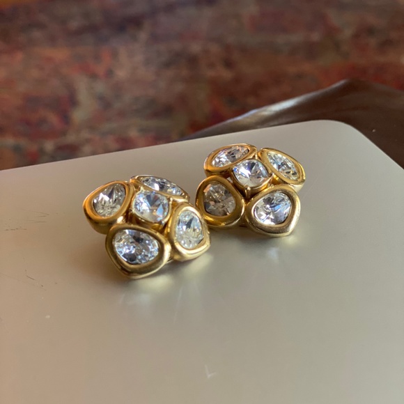 Vintage Glam Christian Dior Gold Plate & Clear Rhinestone Clip on Earrings - Picture 1 of 5